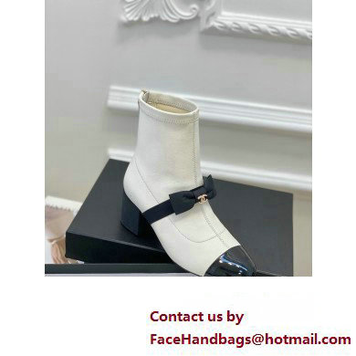 Chanel Heel 5.5cm Stretch Lambskin  &  Patent Calfskin Short Boots with Bow G40099 White 2023